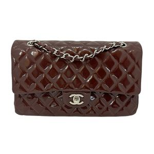 Auth Chanel Classic Patent Burgundy Double Flap Bag